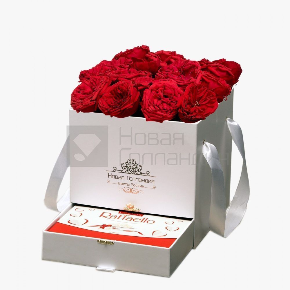 15 красных пионовидных роз премиум в белой коробке шкатулке рафаэлло в подарок №379