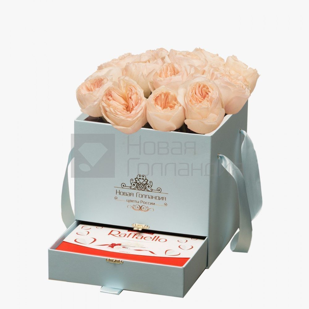 15 персиковых пионовидных роз Премиум в голубой коробке шкатулке рафаэлло в подарок №371