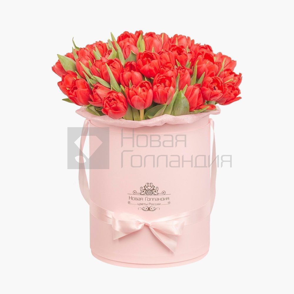 59 красных тюльпанов в большой розовой шляпной коробке №508