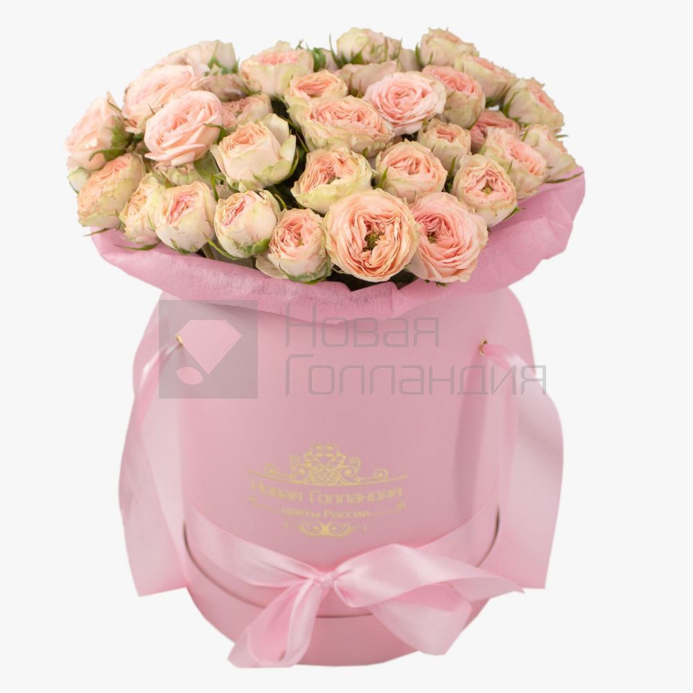 15 светлых кустовых пионовидных роз в розовой шляпной коробке