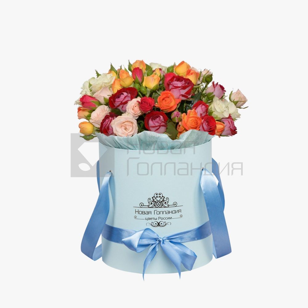 Кустовые розы микс в голубой шляпной коробке №700