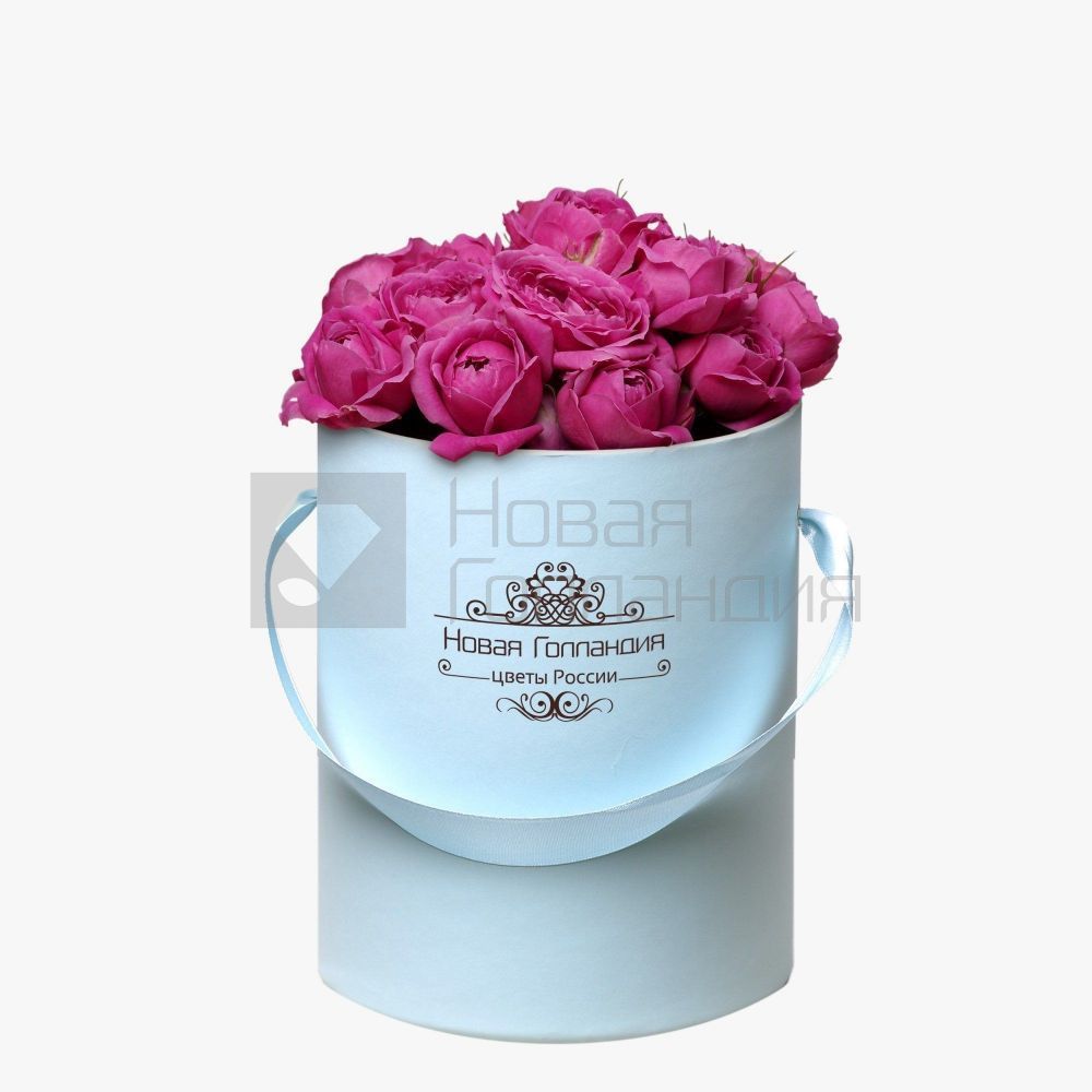 9 розовых кустовых пионовидных роз в маленькой голубой коробке №290