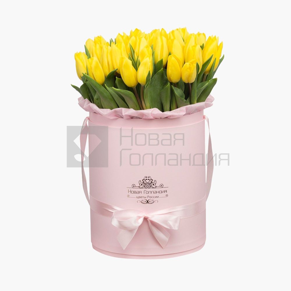 59 желтых тюльпанов в большой розовой шляпной коробке №517