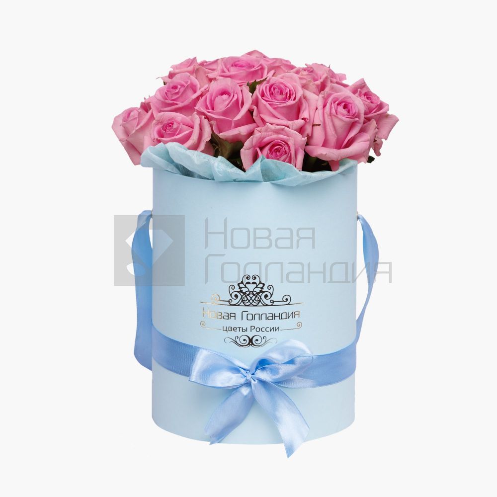15 розовых роз в маленькой голубой коробке №614