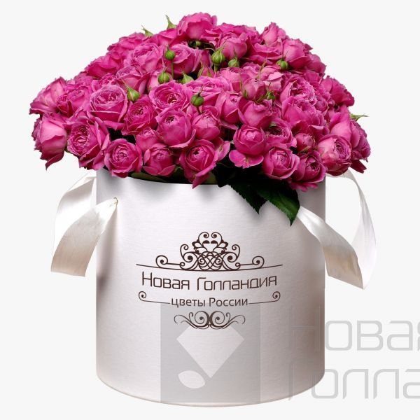51 розовая кустовая пионовидная роза в большой белой шляпной коробке №240