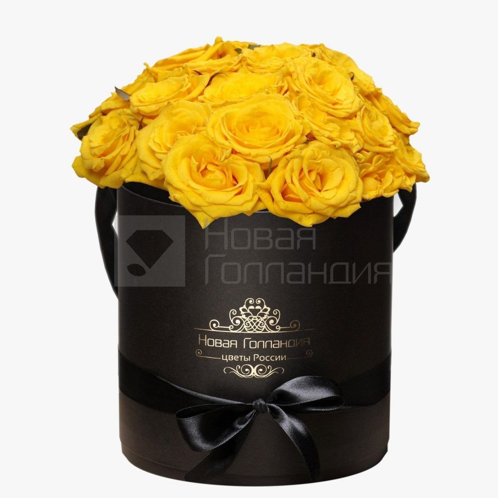 25 желтых роз в черной шляпной коробке №180