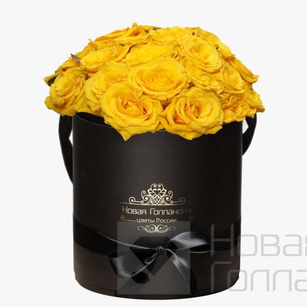 25 желтых роз в черной шляпной коробке №180
