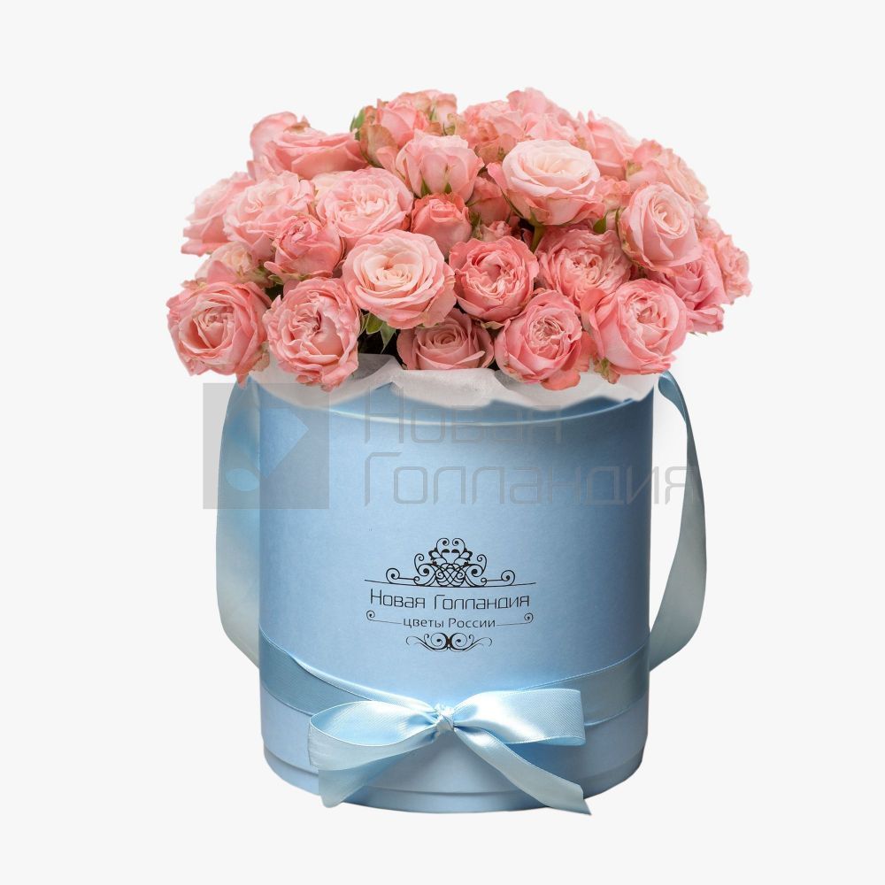 11 розовых пионовидных роз  в голубой шляпной коробке № 809 NEW