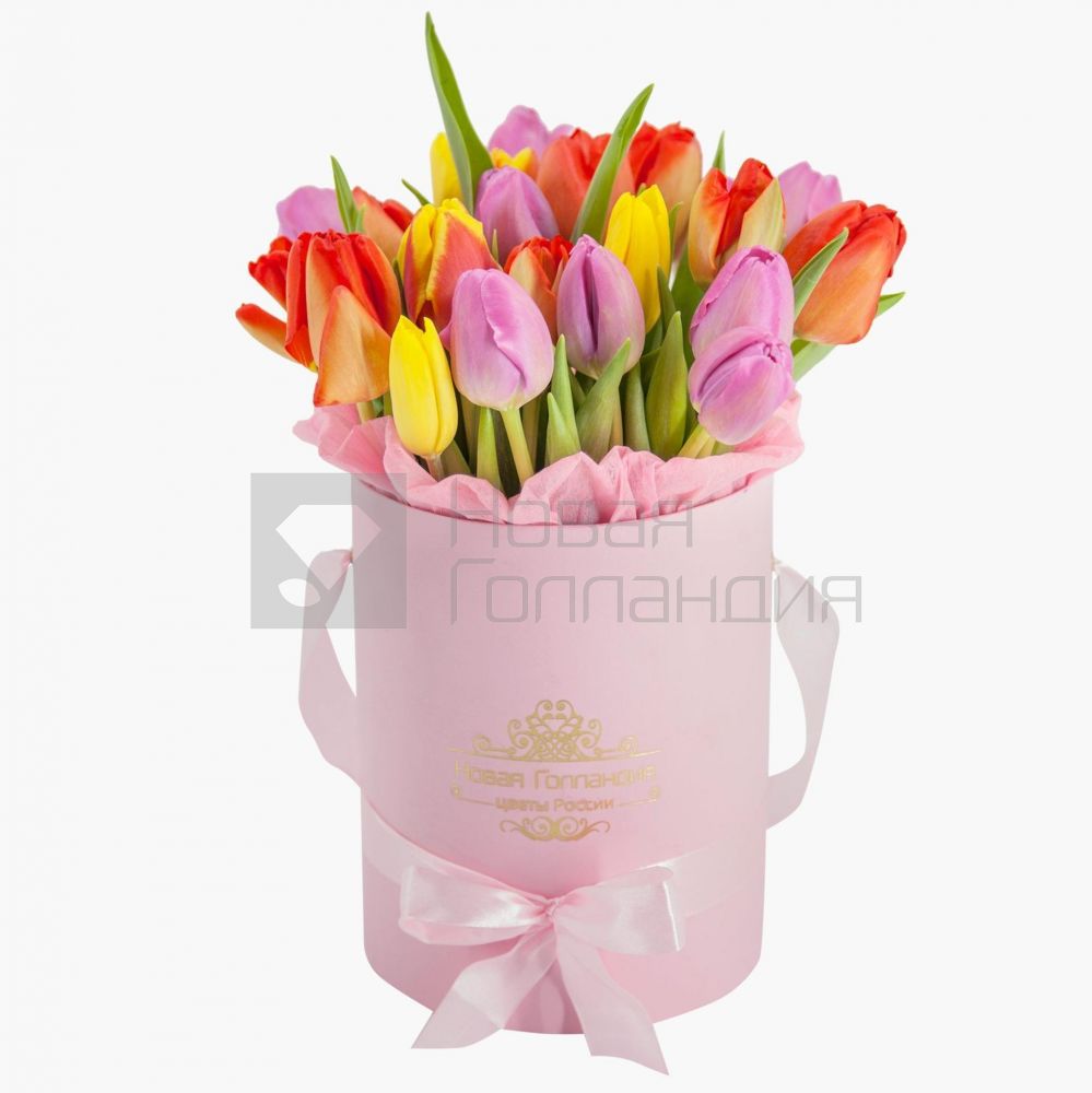 25 тюльпанов микс в розовой маленькой шляпной коробке №548