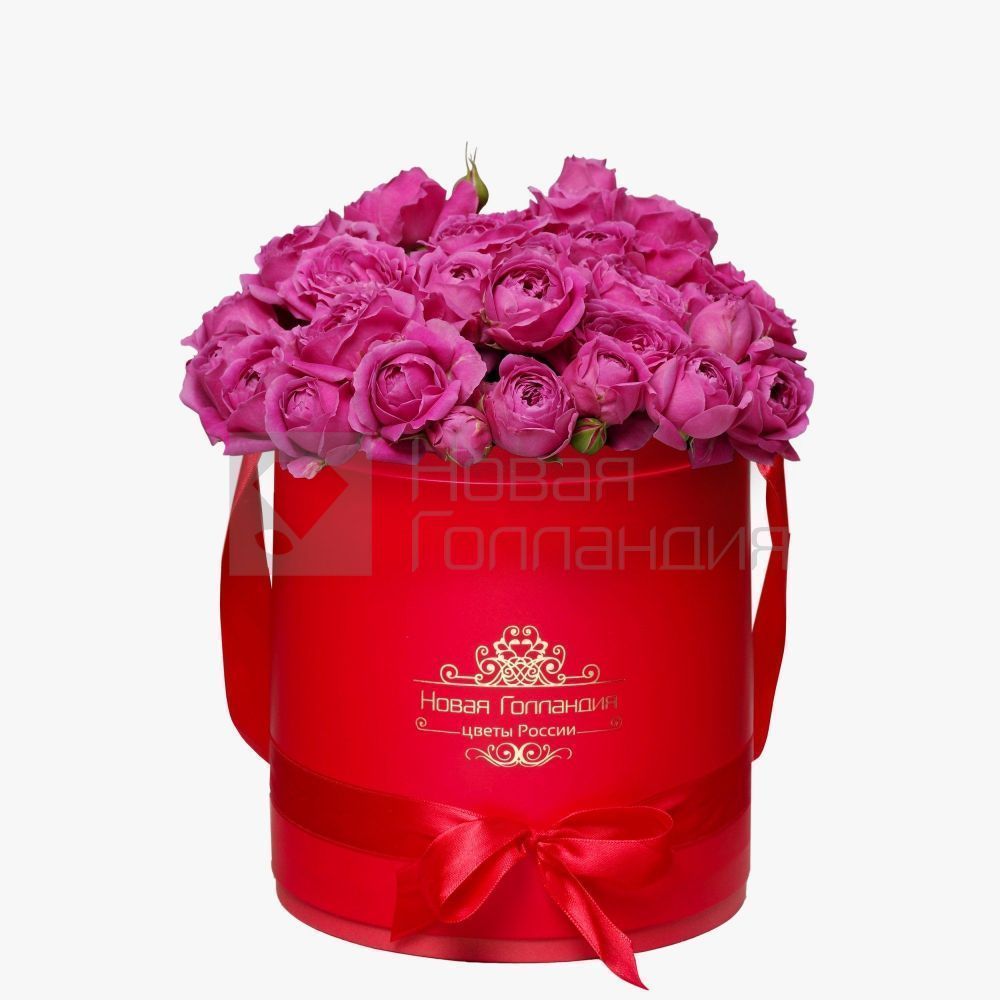 11 розовых кустовых пионовидных роз в красной шляпной коробке №237
