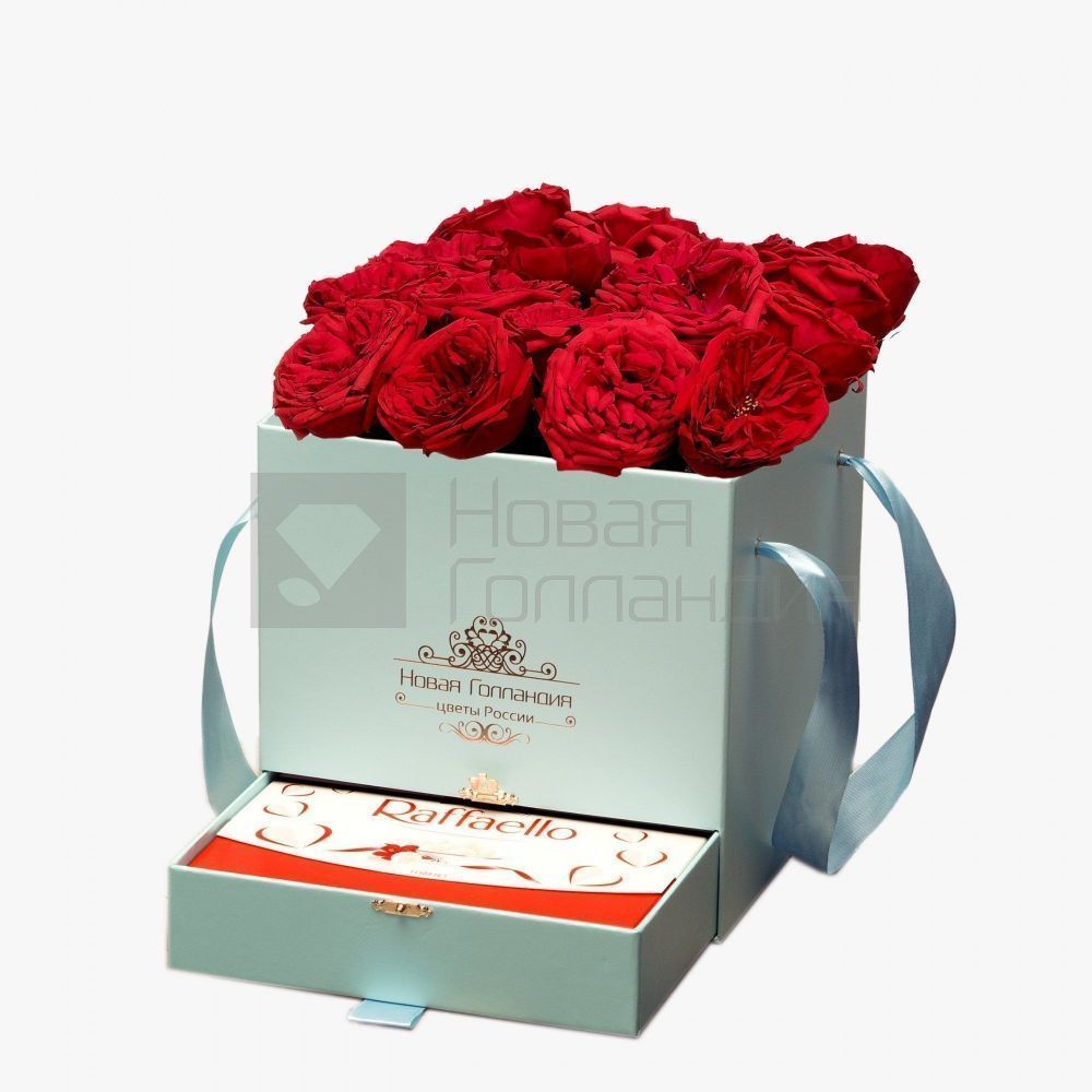 15 красных пионовидных роз Премиум в коробке шкатулке Тиффани рафаэлло в подарок №372
