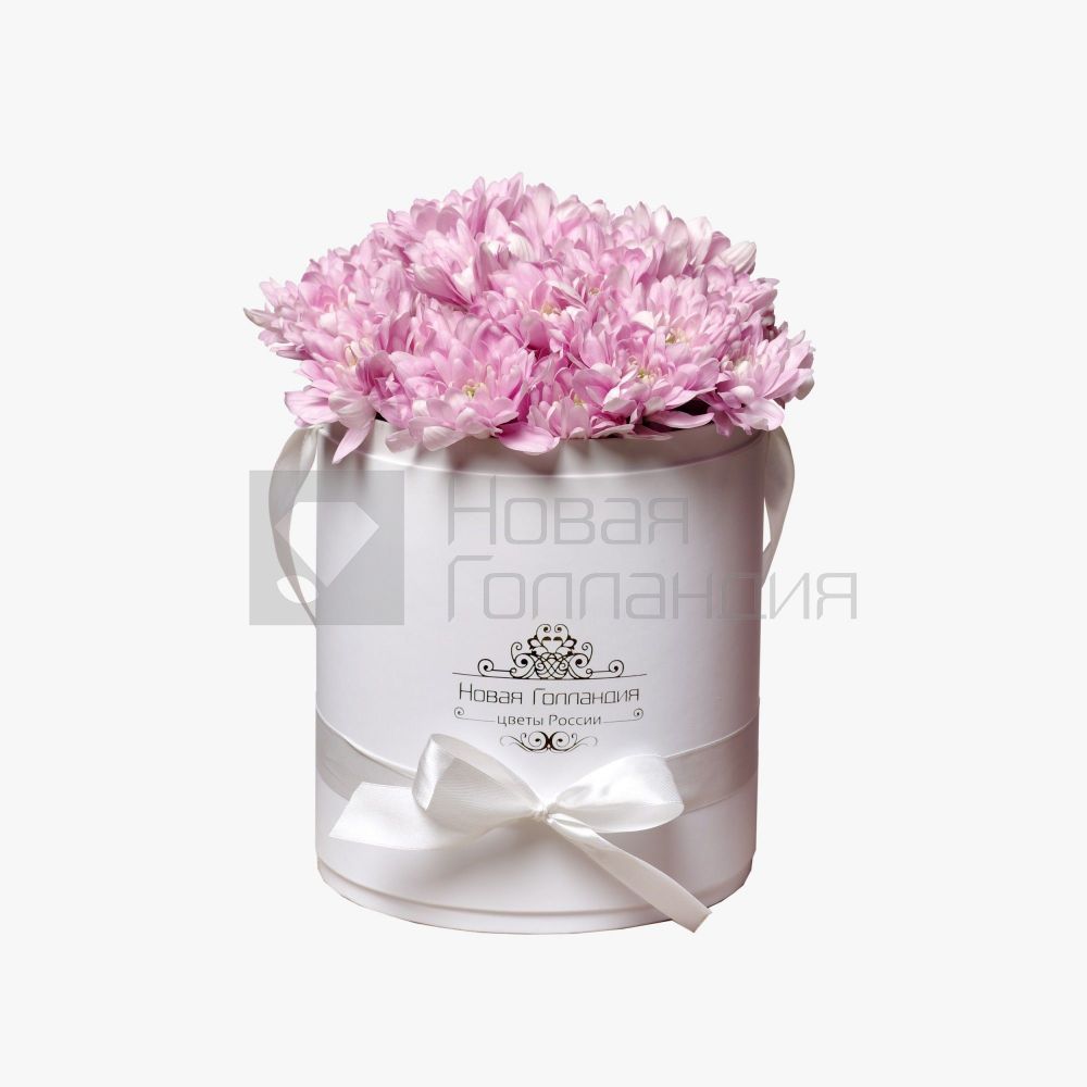 7 Розовых хризантем в белой шляпной коробке №82