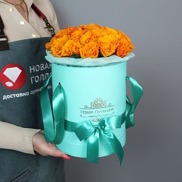 25 оранжевых роз в шляпной коробке Тиффани № 602