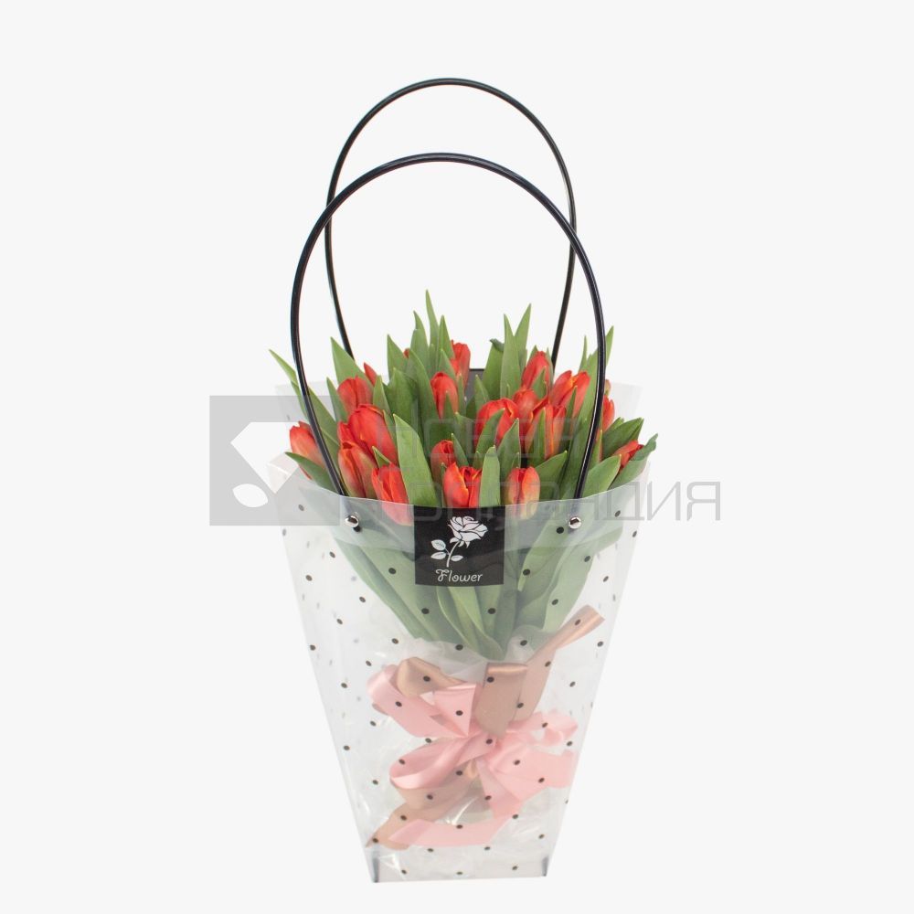Букет 25 красных тюльпанов в сумочке