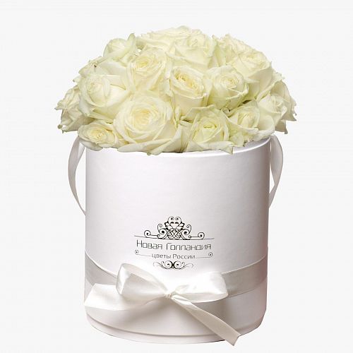 25 белых роз в белой шляпной коробке 