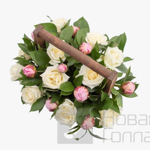 Деревянный ящик Пионы с розой
