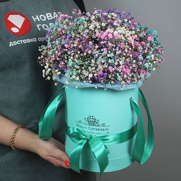 7 радужных гипсофил в шляпной коробке