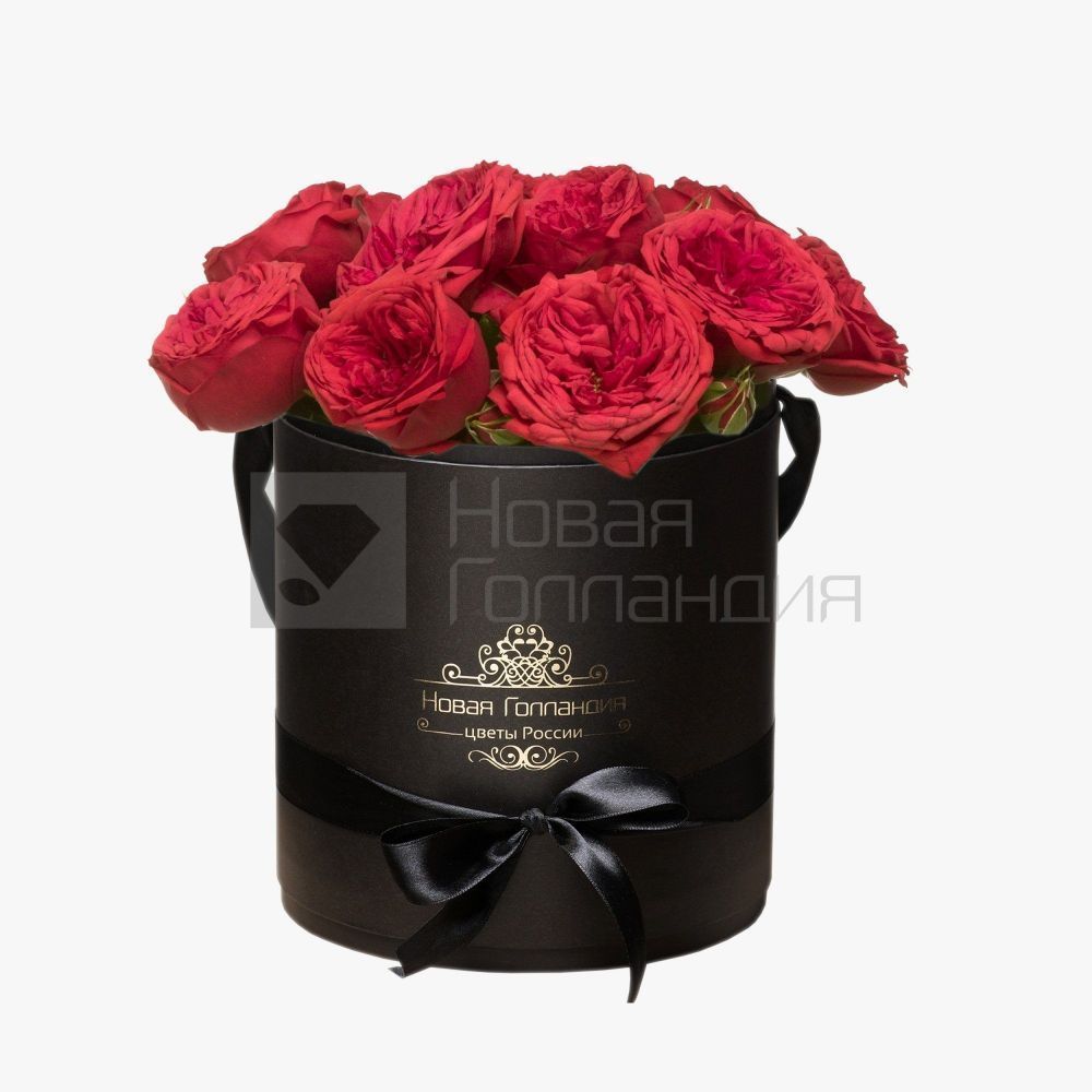 11 красных пионовидных роз Премиум в черной шляпной коробке №359