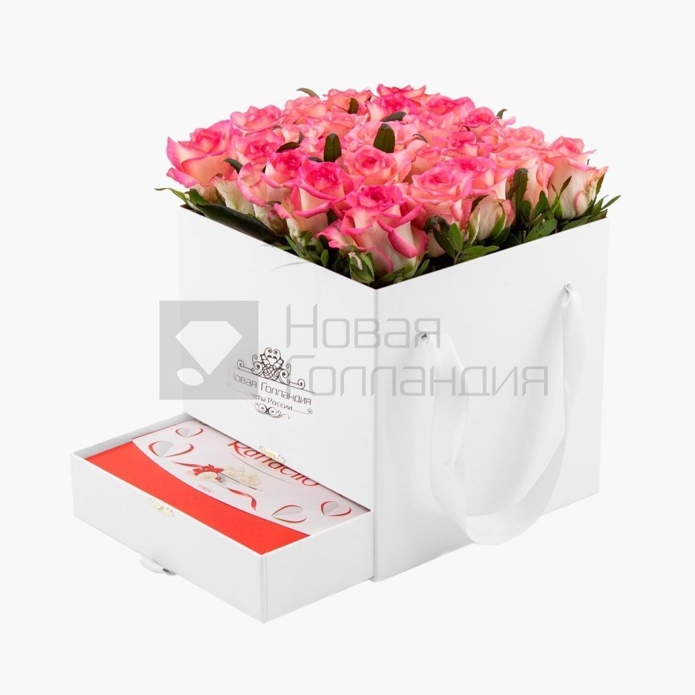 Белая коробка шкатулка 25 розовых роз Raffaello в подарок №679