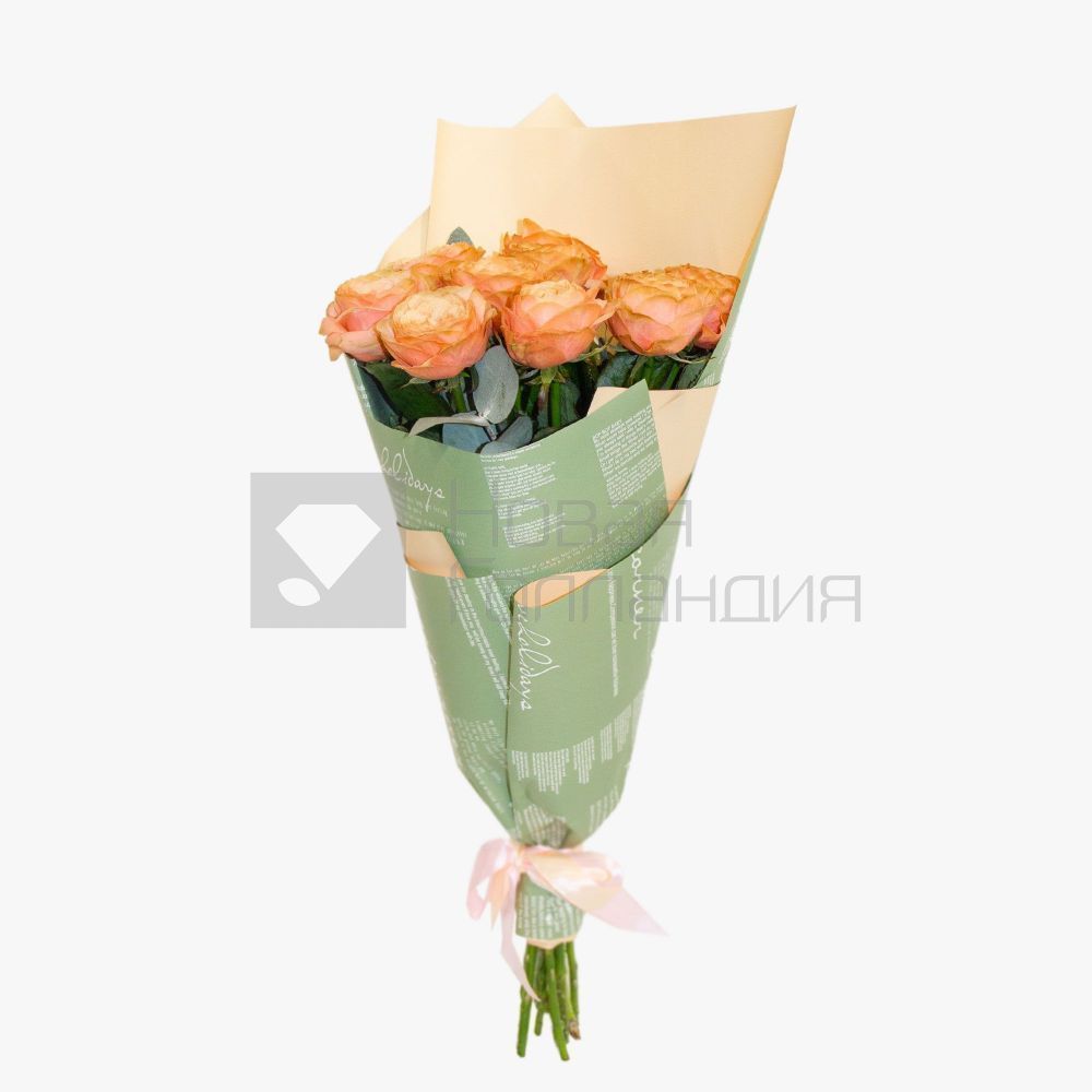 9 пионовидных персиковых роз Премиум с декором