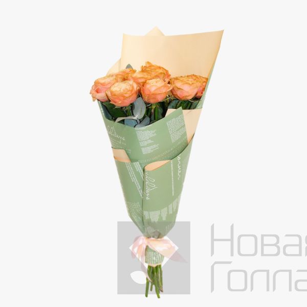 9 пионовидных персиковых роз Премиум с декором