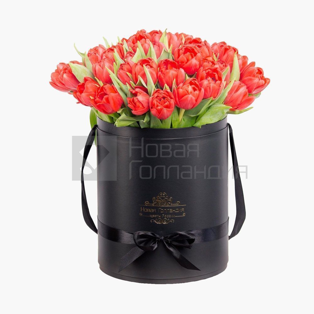 59 красных тюльпанов в большой черной шляпной коробке №511