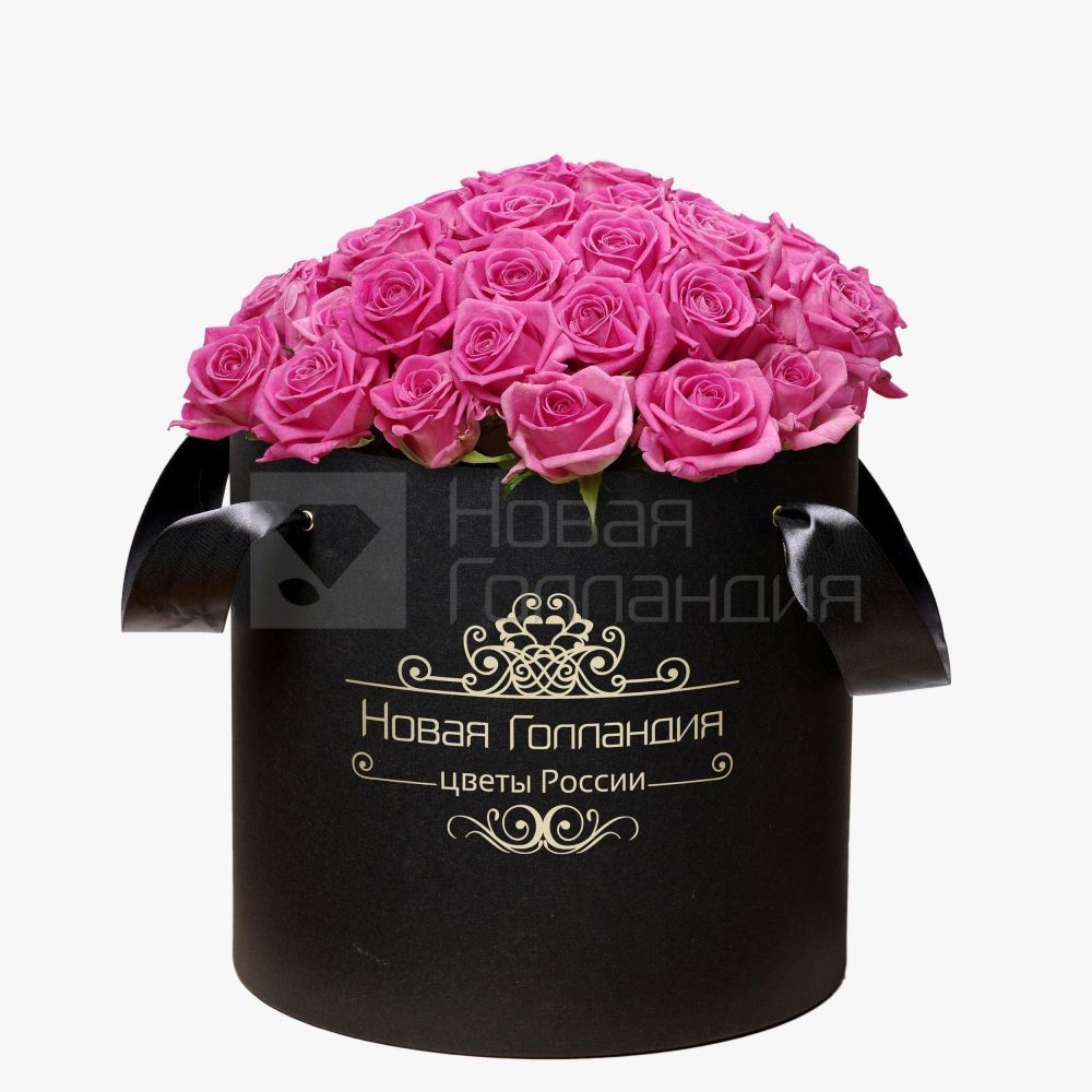 51 розовая роза в большой черной шляпной коробке №336