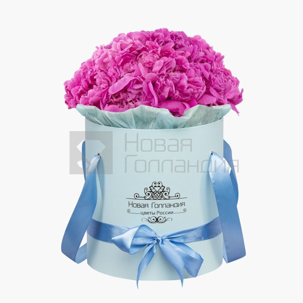 15 ярко-розовых пионов в голубой шляпной коробке №790
