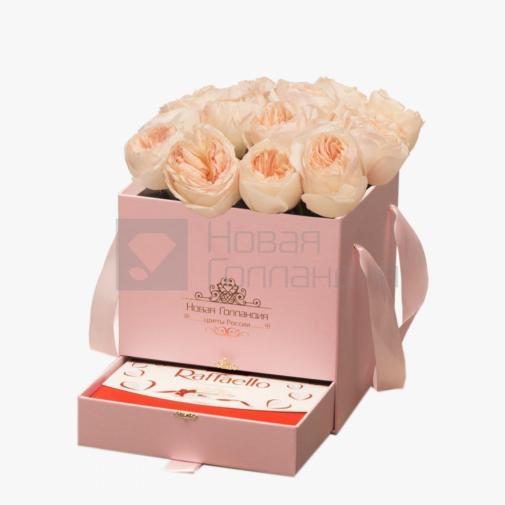15 персиковых пионовидных роз Премиум в розовой коробке шкатулке рафаэлло в подарок №373