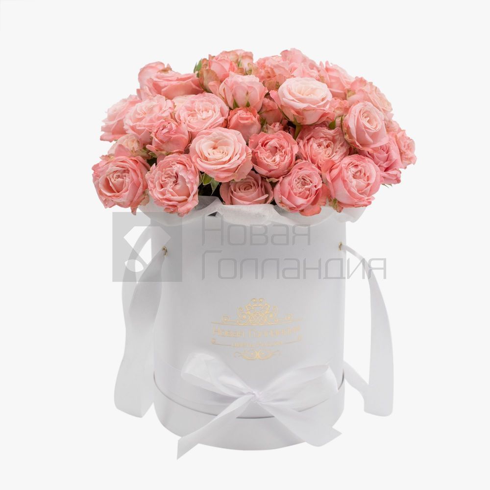 11 розовых пионовидных роз в белой шляпной коробке №807 NEW