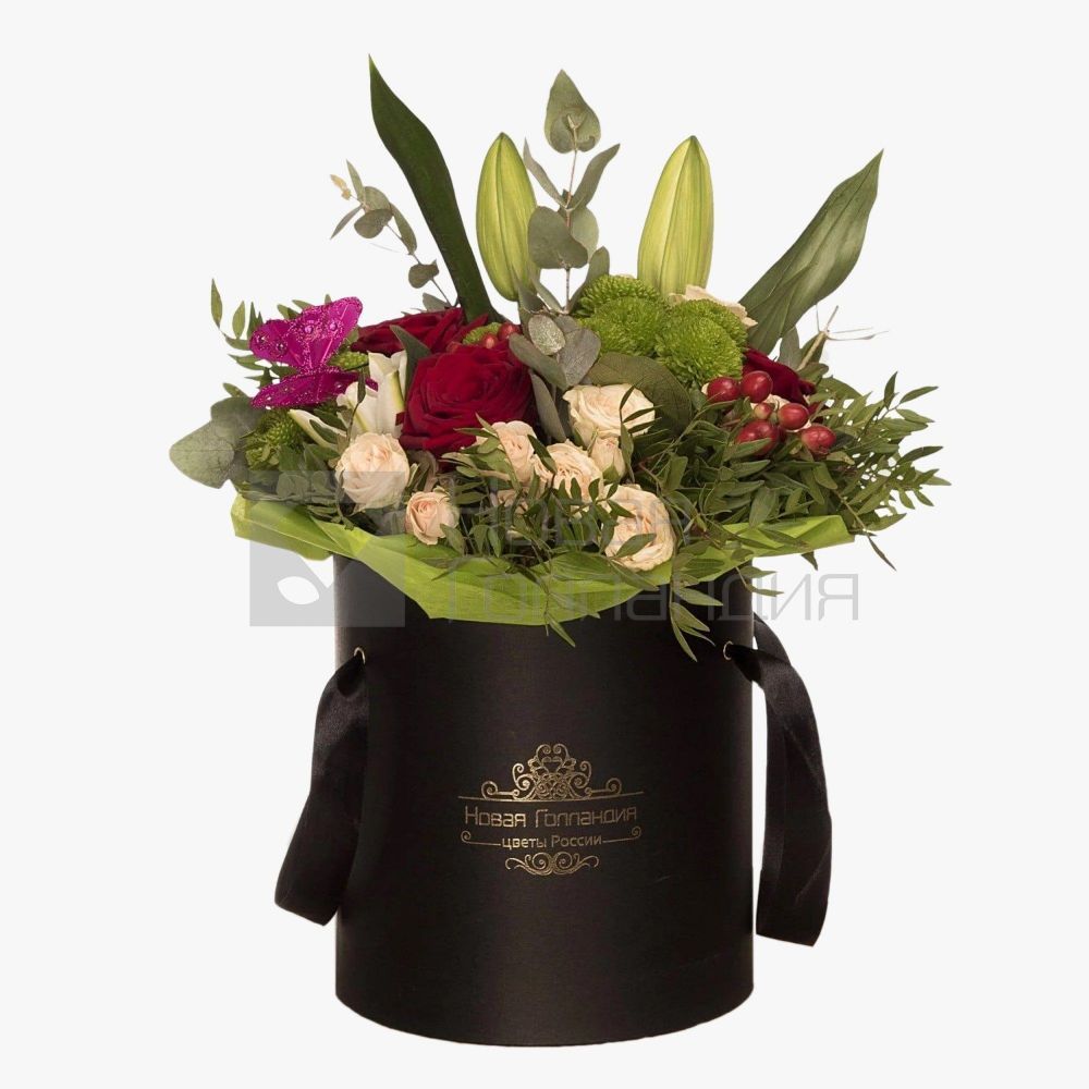 Микс роза, лилия и хризантемы в черной шляпной коробке