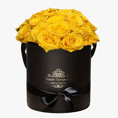25 желтых роз в черной шляпной коробке 
