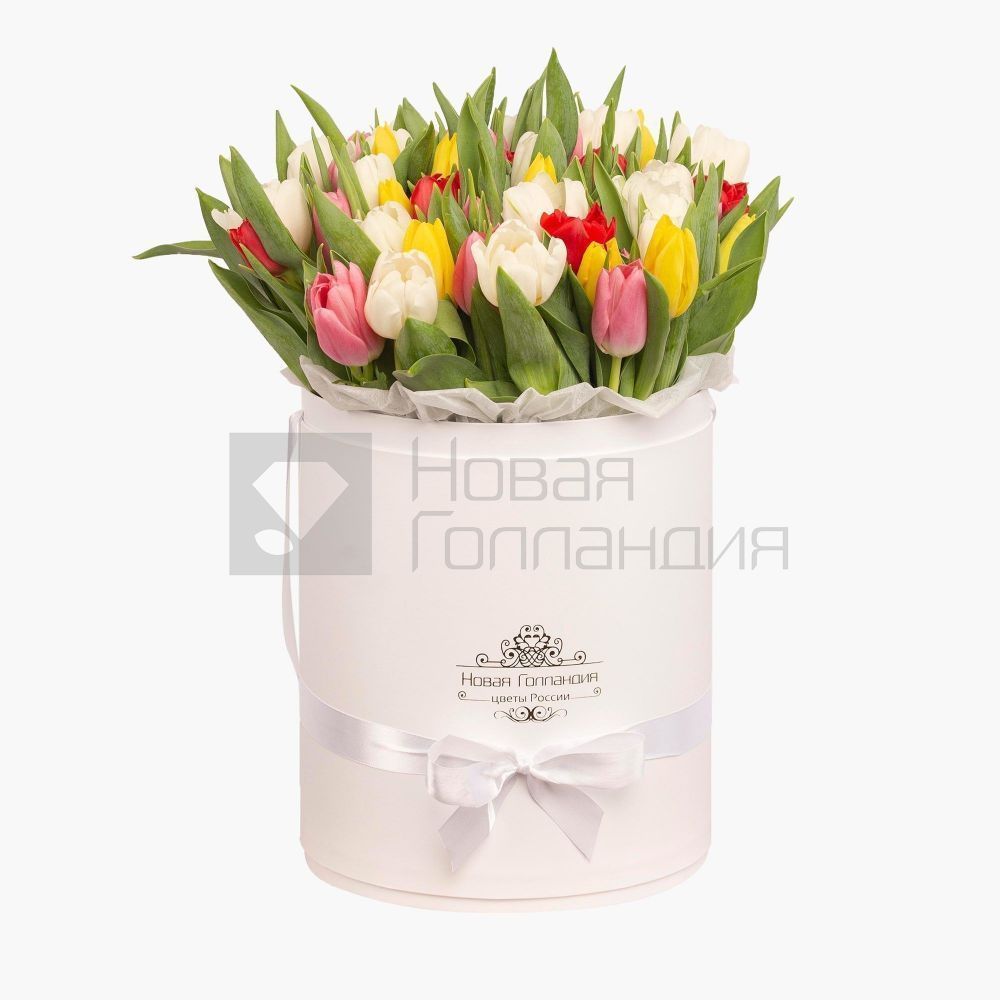 59 тюльпанов микс в большой белой шляпной коробке №506