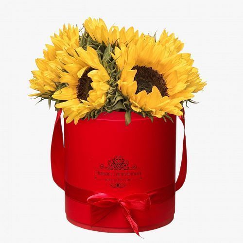 Подсолнухи в красной шляпной коробке