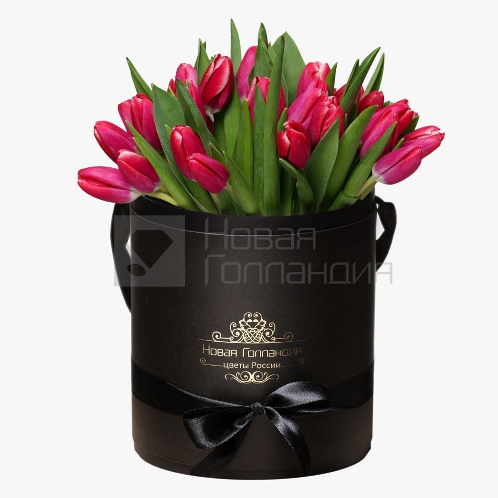 35 малиновых тюльпанов в черной шляпной коробке №235