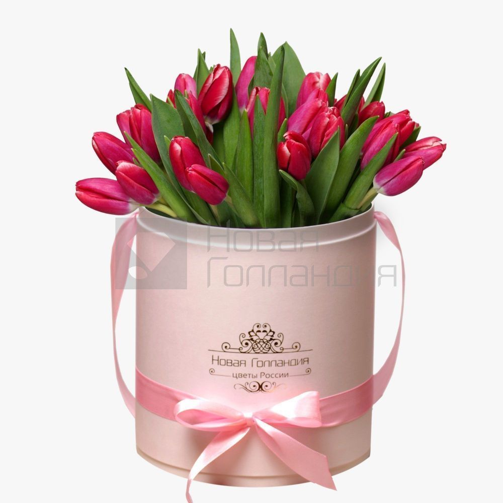 35 малиновых тюльпанов в розовой шляпной коробке №227