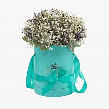 Гипсофила и лаванда в шляпной коробке тиффани Гипсофила и лаванда в шляпной коробке тиффани