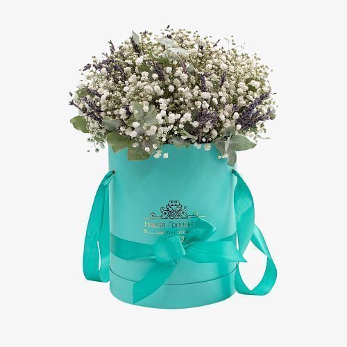 Гипсофила и лаванда в шляпной коробке тиффани