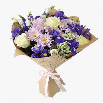 Букет Мираж из роз, ирисов и хризантем Букет Мираж из роз, ирисов и хризантем