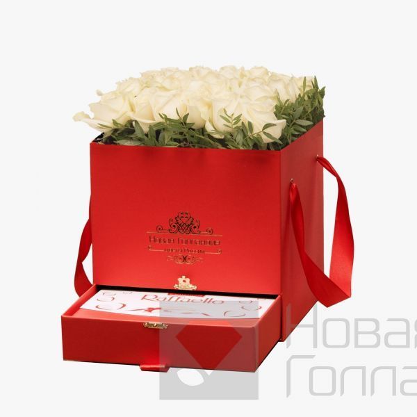 Красная коробка шкатулка 25 белых роз Raffaello в подарок №396