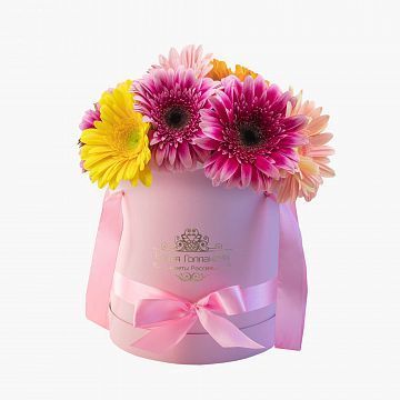 11 гербер в розовой шляпной коробке №685 11 гербер в розовой шляпной коробке №685