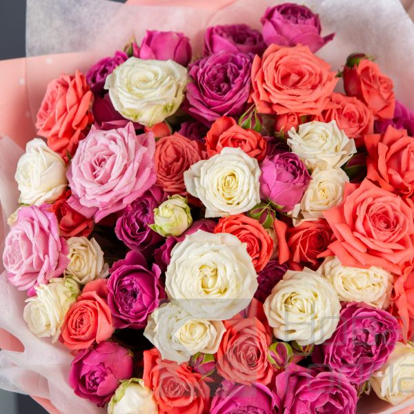 Букет 17 пионовидных кустовых роз 50 см ассорти