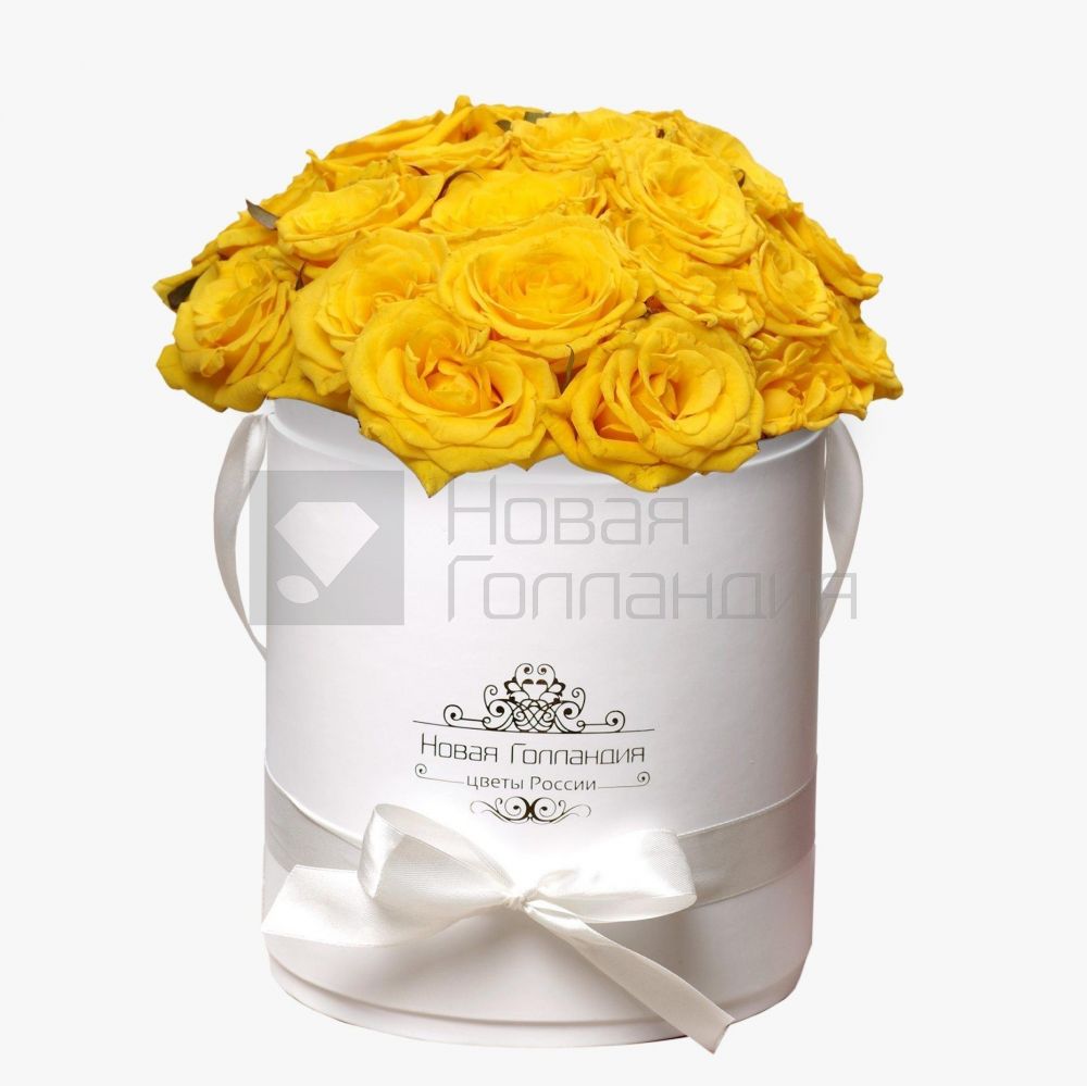 25 желтых роз в белой шляпной коробке №184