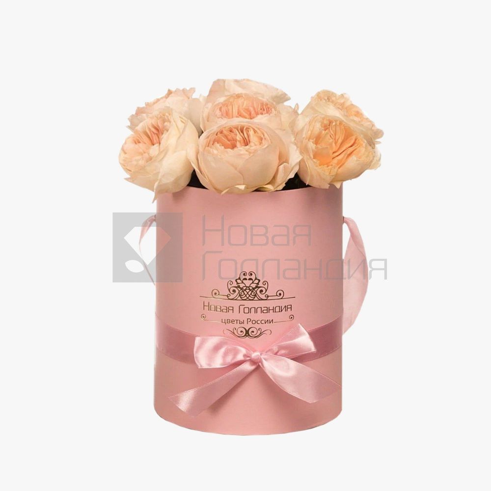 7 персиковых пионовидных роз Премиум в маленькой розовой шляпной коробке №352
