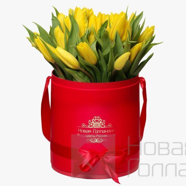 35 желтых тюльпанов в красной шляпной коробке №223