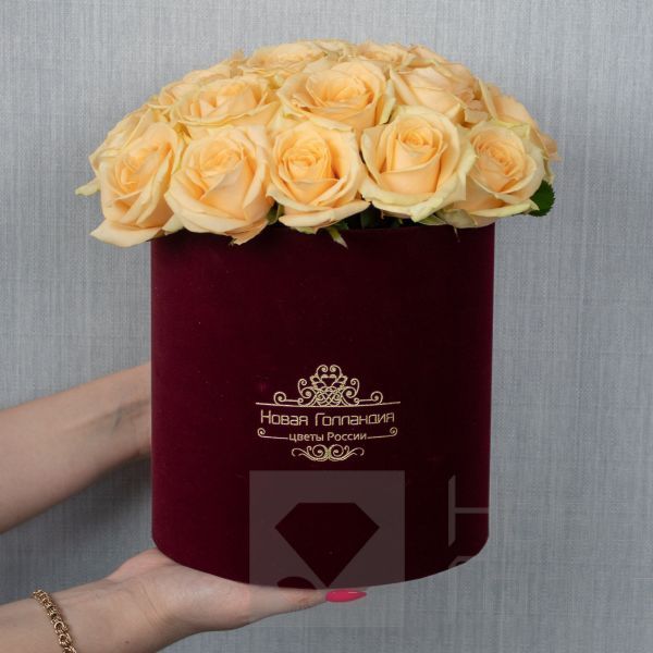 25 кремовых роз в бархатной коробке LUX