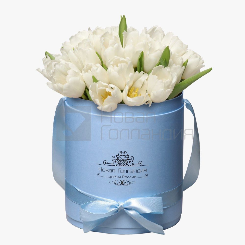 35 белых тюльпанов в голубой шляпной коробке №107