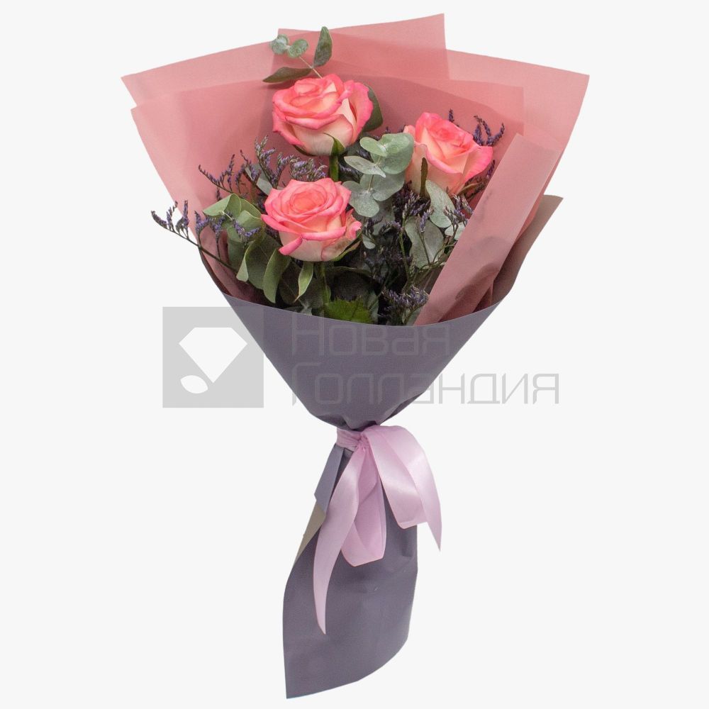 Букет из 3 розовых роз с декором