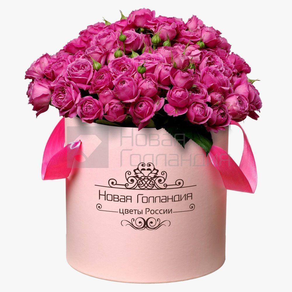 51 розовая кустовая пионовидная роза в большой розовой шляпной коробке №321