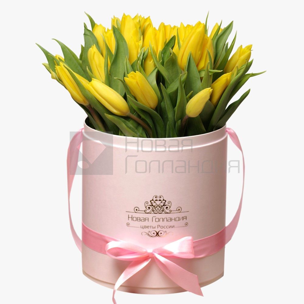 35 желтых тюльпанов в розовой шляпной коробке №221